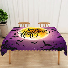 Aperturee - Aperturee Purple Halloween Rectangle Tablecloth with Black Moon and Bats for Spooky Night and Gothic Party Decor
