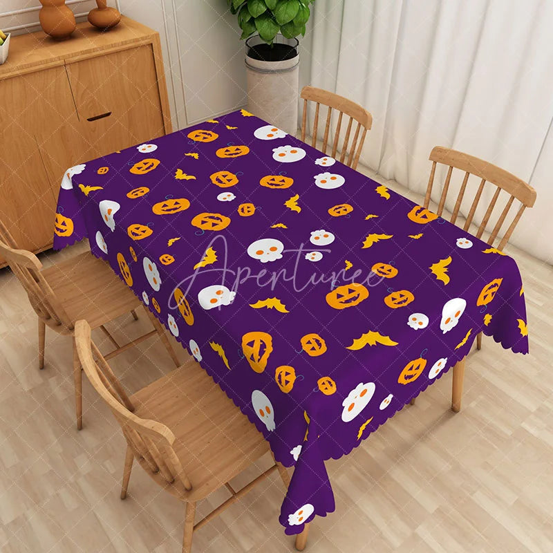 Aperturee - Aperturee Purple Halloween Rectangle Tablecloth with Pumpkins Skulls and Bats for Spooky Party Decor