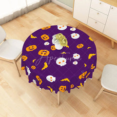 Aperturee - Aperturee Purple Halloween Round Tablecloth with Jack-o’-Lanterns and Skulls for Spooky and Fun Party Decor