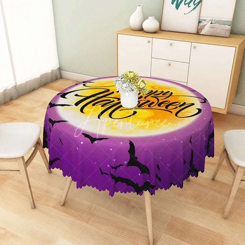 Aperturee - Aperturee Purple Halloween Round Tablecloth with Night Sky Moon and Bats for Spooky and Celestial Decor