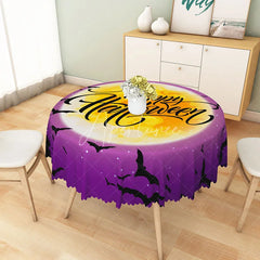Aperturee - Aperturee Purple Halloween Round Tablecloth with Night Sky Moon and Bats for Spooky and Celestial Decor