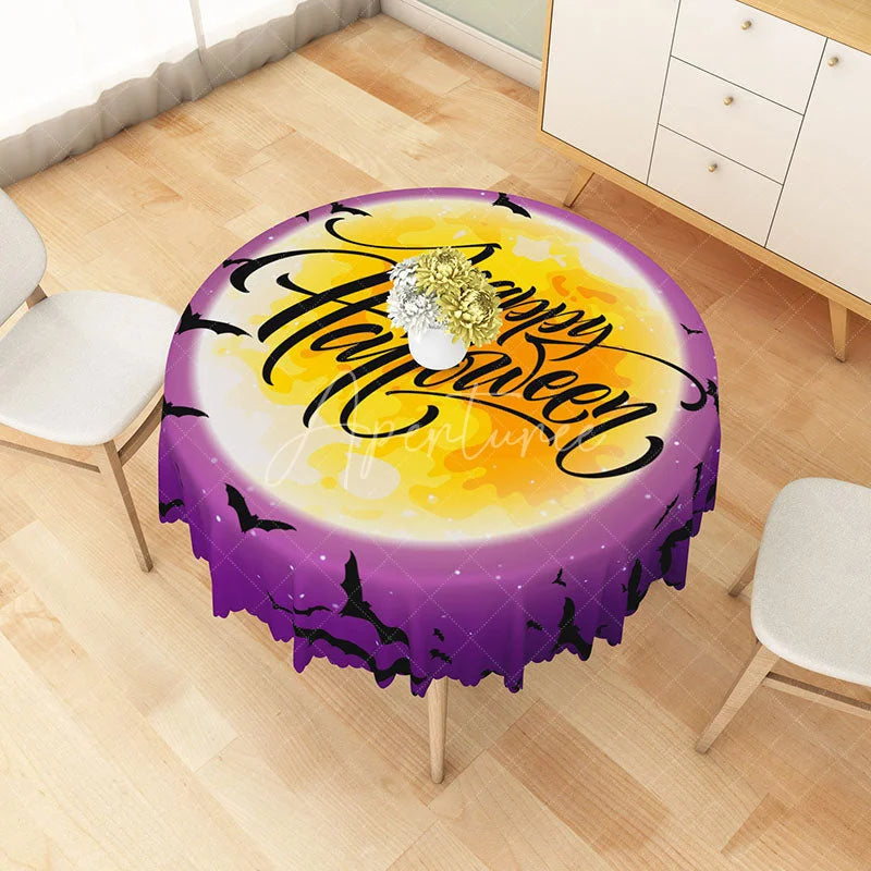 Aperturee - Aperturee Purple Halloween Round Tablecloth with Night Sky Moon and Bats for Spooky and Celestial Decor