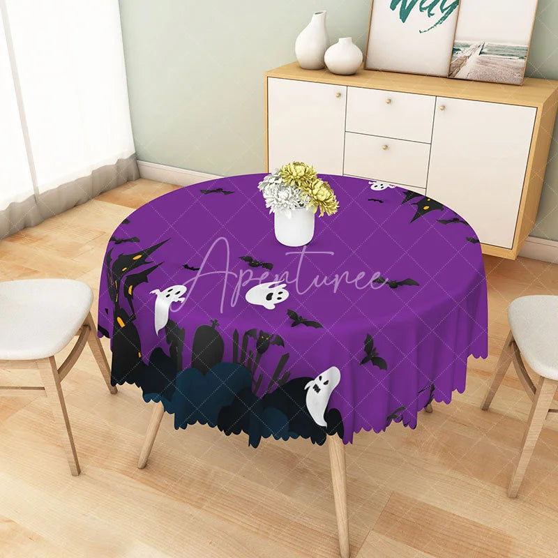 Aperturee - Aperturee Purple Halloween Round Tablecloth with Phantom Bat Pattern for Spooky and Gothic Party Decorations