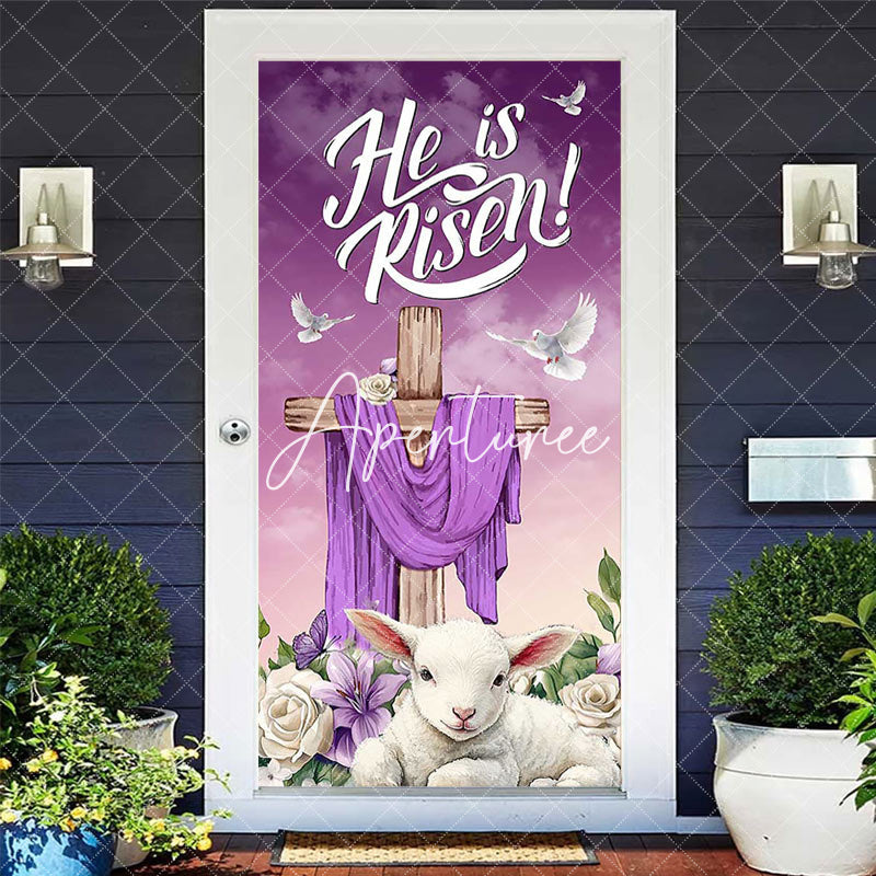 Aperturee - Aperturee Purple He Is Risen Cross Lamp Floral Door Cover