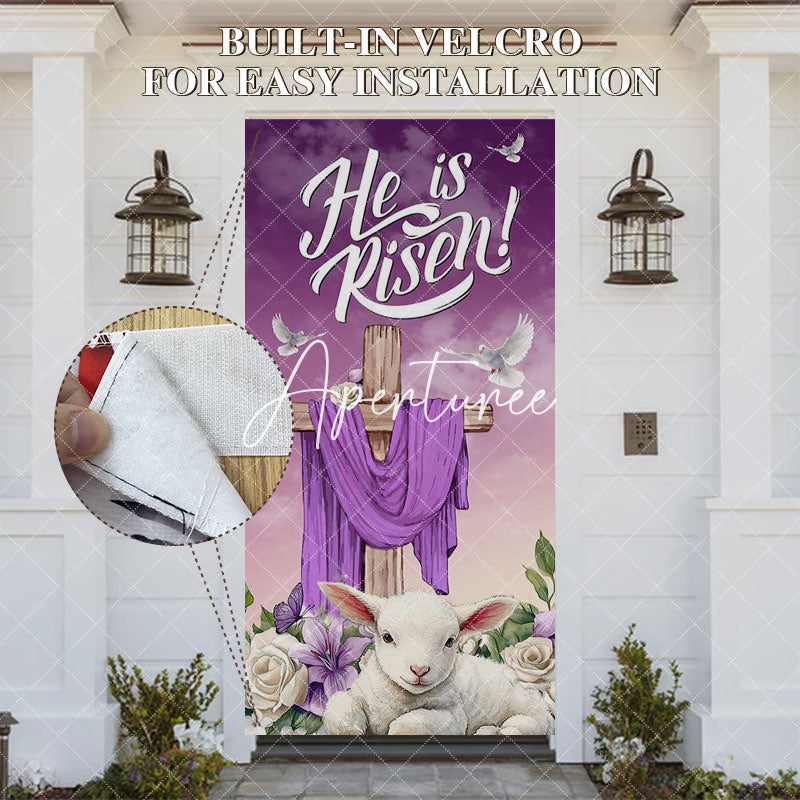 Aperturee - Aperturee Purple He Is Risen Cross Lamp Floral Door Cover