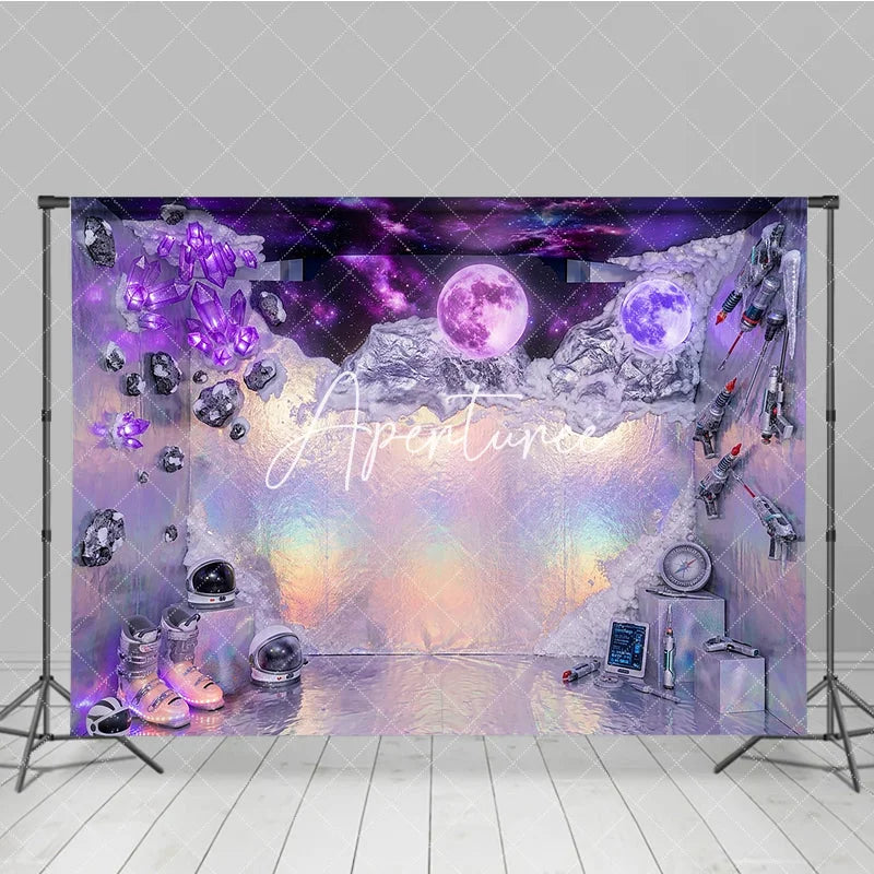 Aperturee - Aperturee Purple Holographic Iridescent Space Galaxy Photography Backdrop Luminous Moons and Crystals Futuristic Sci-fi Theme