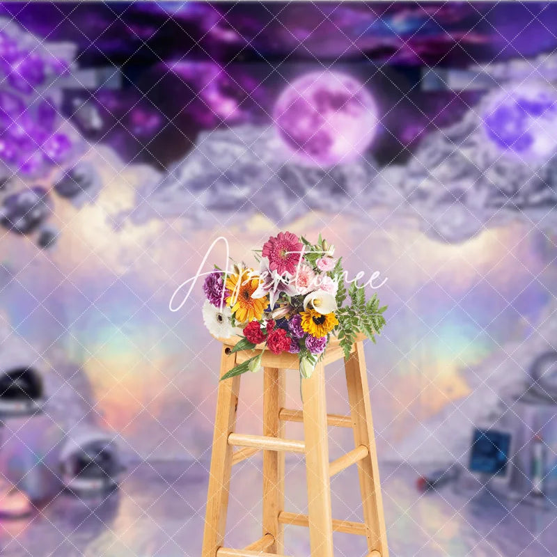 Aperturee - Aperturee Purple Holographic Iridescent Space Galaxy Photography Backdrop Luminous Moons and Crystals Futuristic Sci-fi Theme