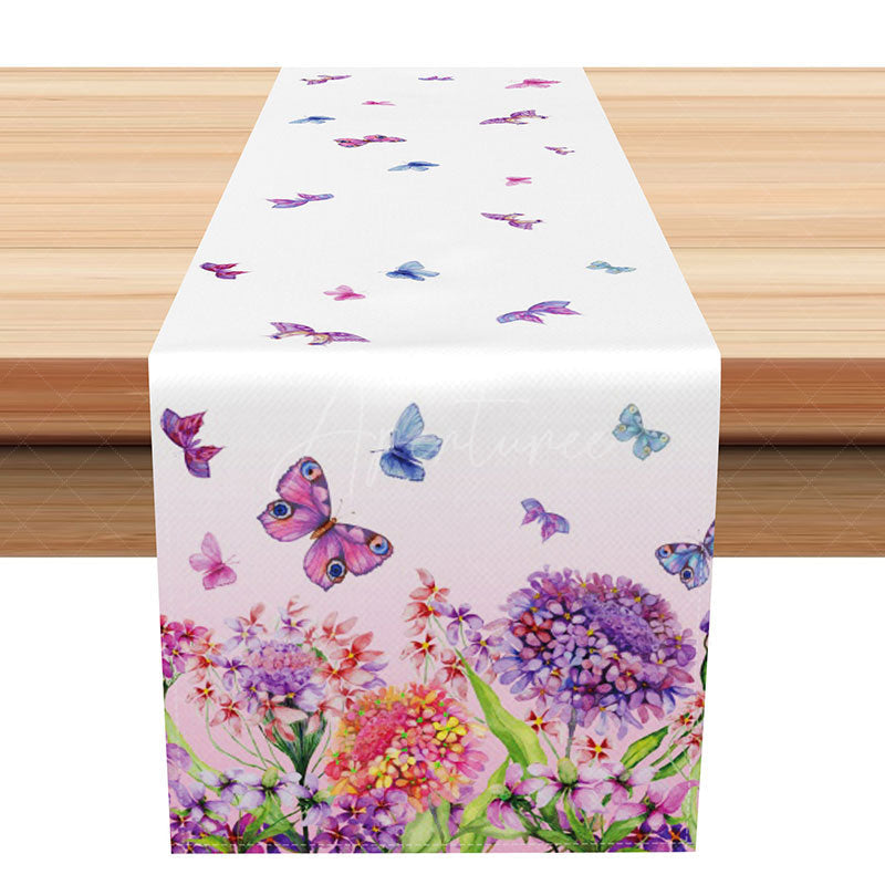 Aperturee - Aperturee Purple Hydrangea and Butterfly Spring Table Runner Whimsical Floral Garden Vibe Easter or a Girly Party Decor