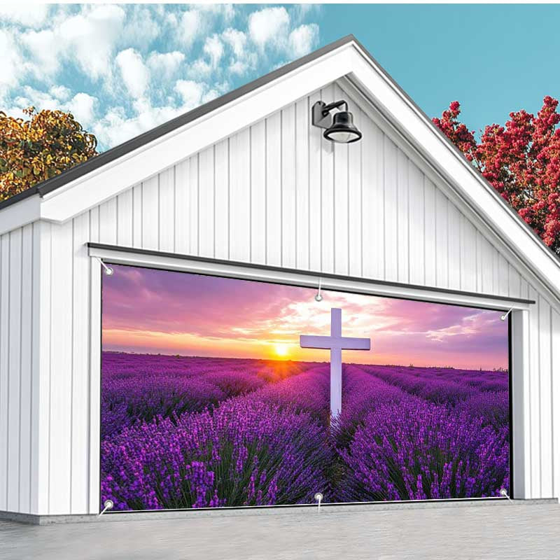 Aperturee - Aperturee Purple Lavender Cross Easter Garage Door Banner