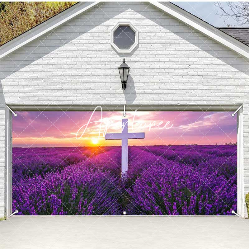 Aperturee - Aperturee Purple Lavender Cross Easter Garage Door Banner