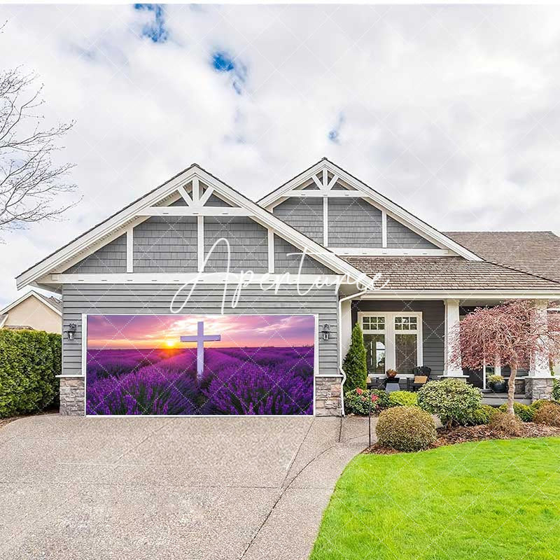 Aperturee - Aperturee Purple Lavender Cross Easter Garage Door Banner