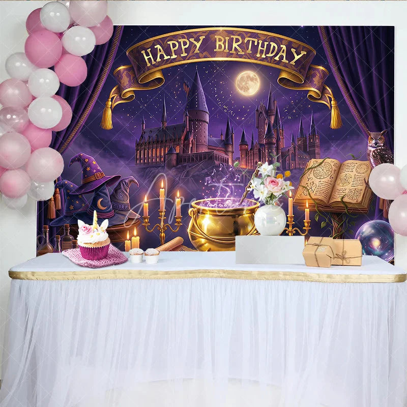 Aperturee - Aperturee Purple Magical Castle Birthday Backdrop Enchanted Night Sky with Wizard Hats and Happy Birthday Banner.