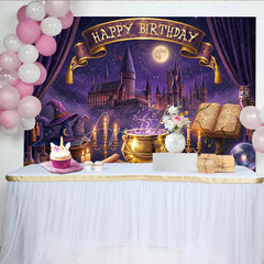 Aperturee - Aperturee Purple Magical Castle Birthday Backdrop Enchanted Night Sky with Wizard Hats and Happy Birthday Banner.