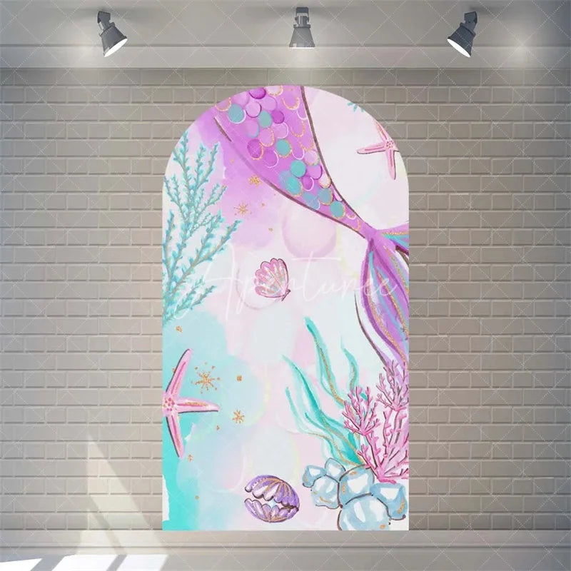 Aperturee - Aperturee Purple Mermaid Princess Arch Backdrop Shimmery Underwater Sea Birthday Arch Decor Girls Party Photo Prop with Shells