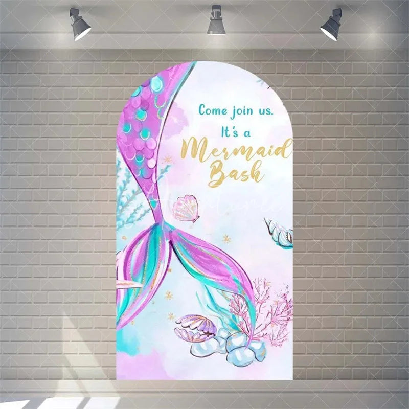 Aperturee - Aperturee Purple Mermaid Princess Arch Backdrop Shimmery Underwater Sea Birthday Arch Decor Girls Party Photo Prop with Shells