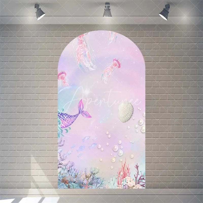 Aperturee - Aperturee Purple Mermaid Princess Arch Backdrop Shimmery Underwater Sea Birthday Arch Decor Girls Party Photo Prop with Shells