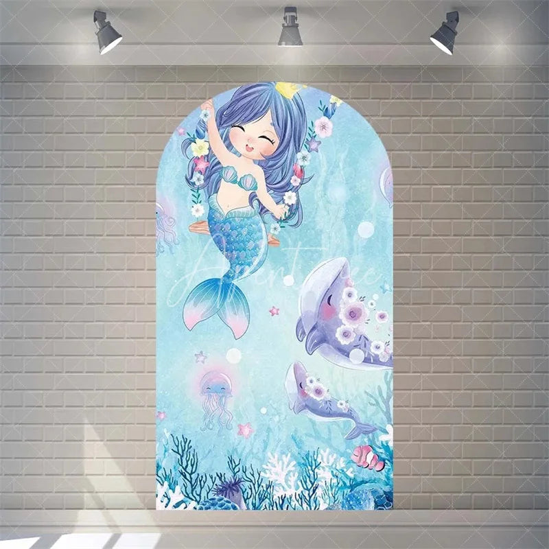 Aperturee - Aperturee Purple Mermaid Princess Arch Backdrop Shimmery Underwater Sea Birthday Arch Decor Girls Party Photo Prop with Shells