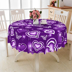 Aperturee - Aperturee Purple Neon Heart Butterfly Round Tablecloth Glowing Romantic Love Table Cover for Dinner