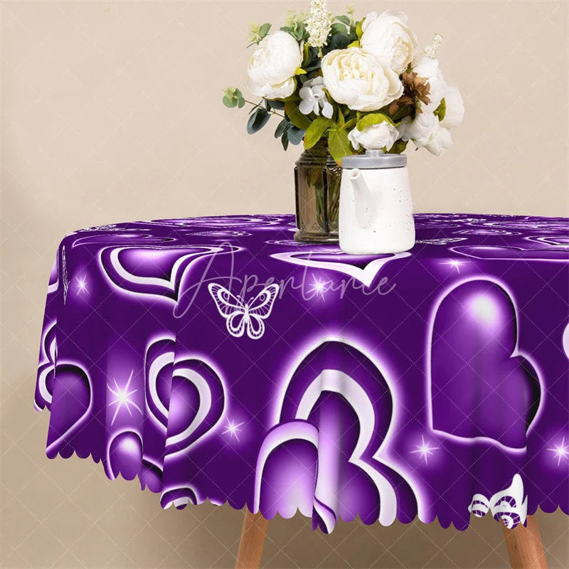 Aperturee - Aperturee Purple Neon Heart Butterfly Round Tablecloth Glowing Romantic Love Table Cover for Dinner