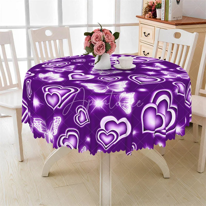 Aperturee - Aperturee Purple Neon Heart Butterfly Round Tablecloth Magical Glowing Love Table Cover for Dinner