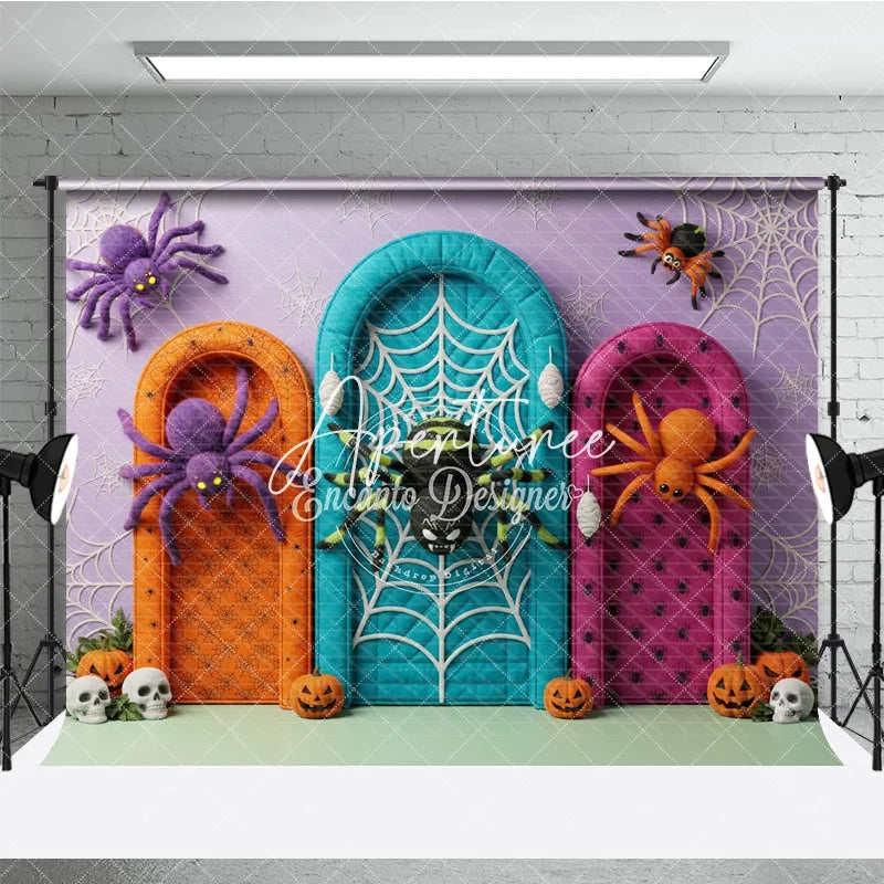 Aperturee - Aperturee Purple Orange Teal Pink Halloween Spiders and Arched Doors Backdrop Spooky Party Decor with Pumpkins and Skulls