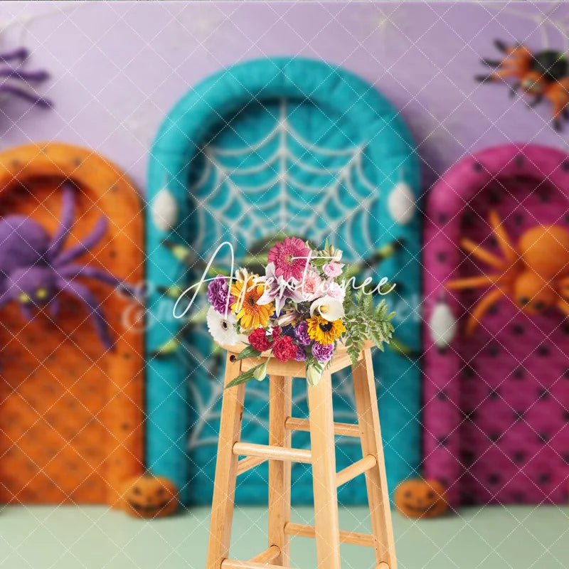 Aperturee - Aperturee Purple Orange Teal Pink Halloween Spiders and Arched Doors Backdrop Spooky Party Decor with Pumpkins and Skulls