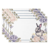 Aperturee - Aperturee Purple Peony Grey Bunny Set of 4 Placemats Blue Line Floral Rabbit Table Mats for Dining Room