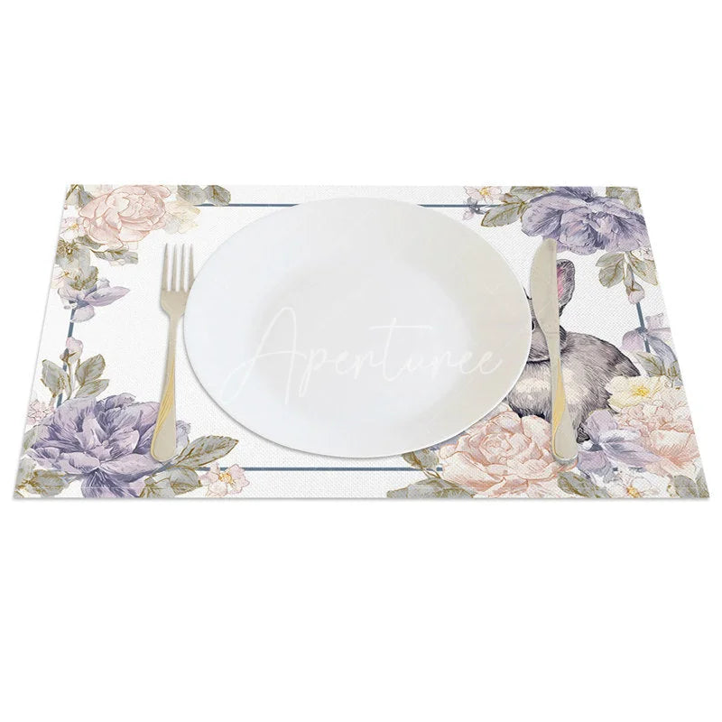 Aperturee - Aperturee Purple Peony Grey Bunny Set of 4 Placemats Blue Line Floral Rabbit Table Mats for Dining Room