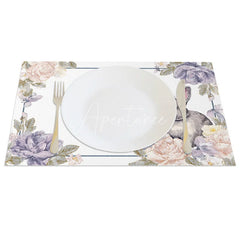 Aperturee - Aperturee Purple Peony Grey Bunny Set of 4 Placemats Blue Line Floral Rabbit Table Mats for Dining Room