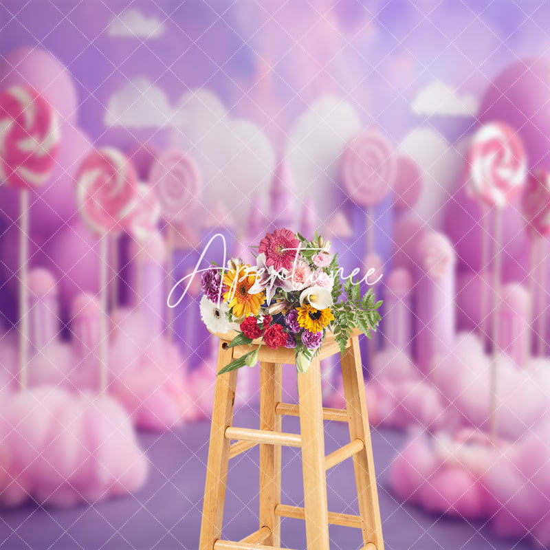 Aperturee - Aperturee Purple Pink Candyland Clouds Cake Smash Backdrop