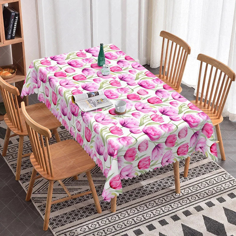 Aperturee - Aperturee Purple Pink Tulip Rectangle Tablecloth Watercolor Spring Flower Table Cover Elegant Dining Room Home Decor