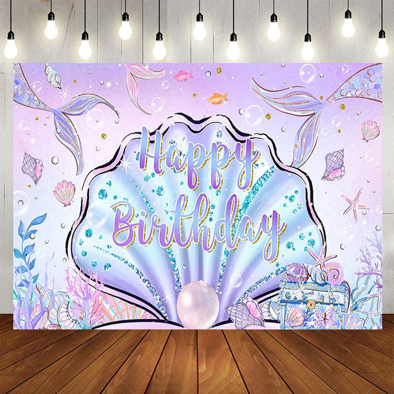 Aperturee - Aperturee Purple Pink Undersea Shell Mermaid Birthday Backdrop