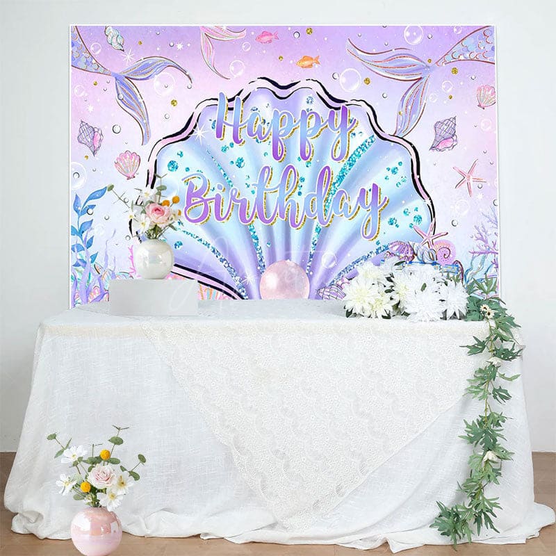 Aperturee - Aperturee Purple Pink Undersea Shell Mermaid Birthday Backdrop