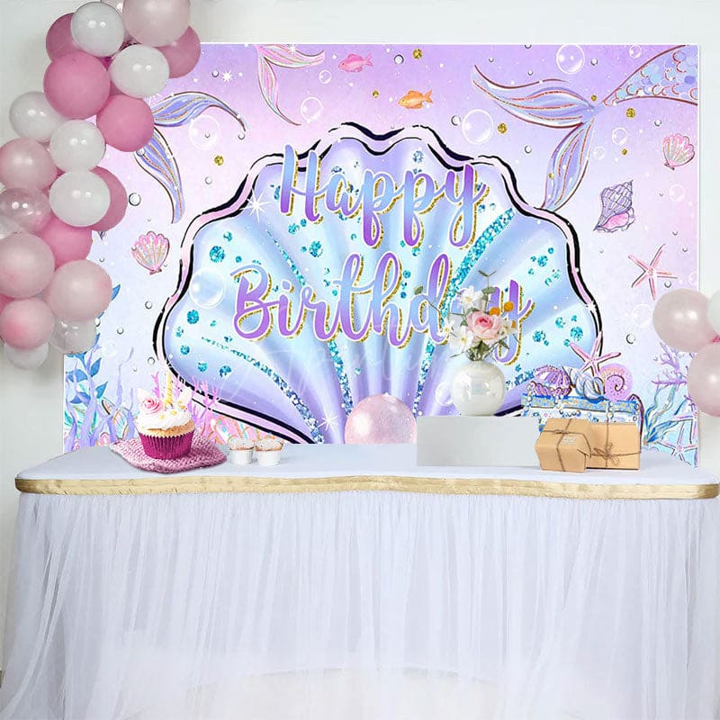 Aperturee - Aperturee Purple Pink Undersea Shell Mermaid Birthday Backdrop