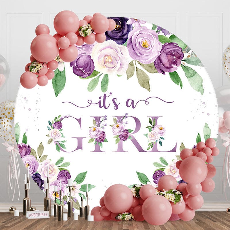Aperturee - Aperturee Purple Rose Its A Girl Round Baby Shower Backdrop