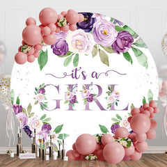 Aperturee - Aperturee Purple Rose Its A Girl Round Baby Shower Backdrop
