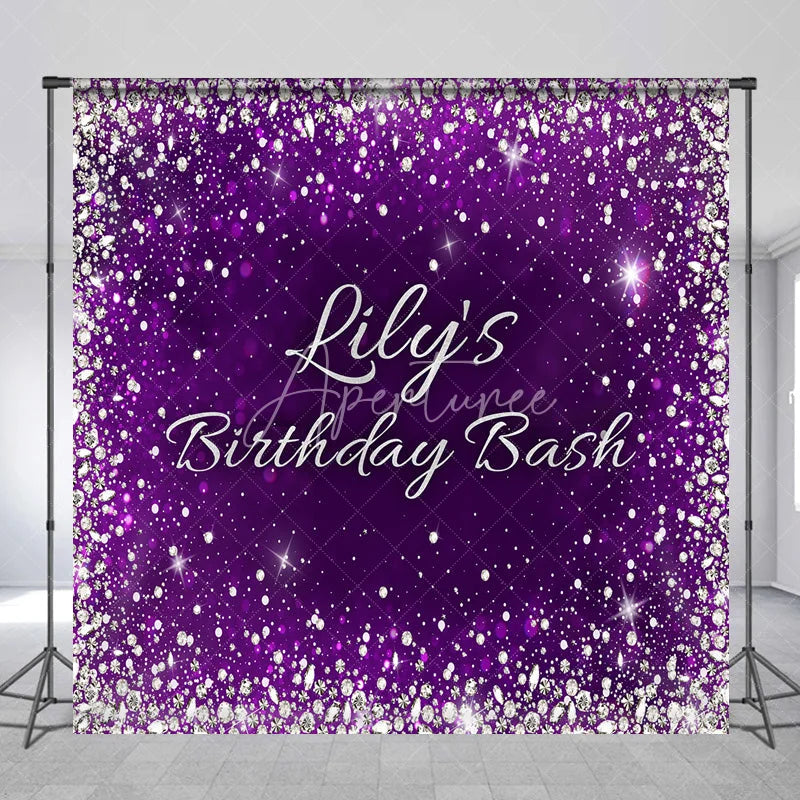 Aperturee - Aperturee Purple Silver Glitter Diamond Custom Birthday Backdrop Personalized Elegant Party Celebration Decor.