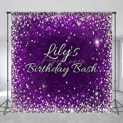Aperturee - Aperturee Purple Silver Glitter Diamond Custom Birthday Backdrop Personalized Elegant Party Celebration Decor.