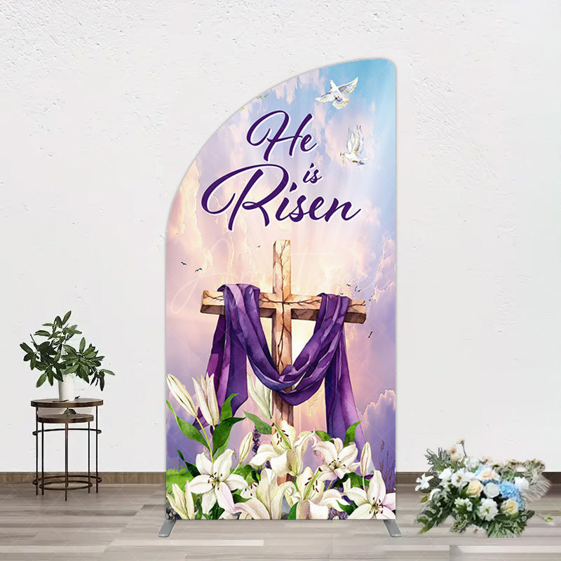 Aperturee - Aperturee Purple Sky Floral Cross He Is Risen Arch Backdrop