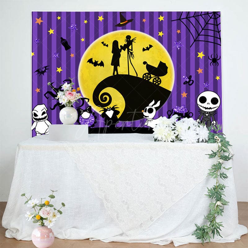 Aperturee - Aperturee Purple Stripe Moon Halloween Baby Shower Backdrop