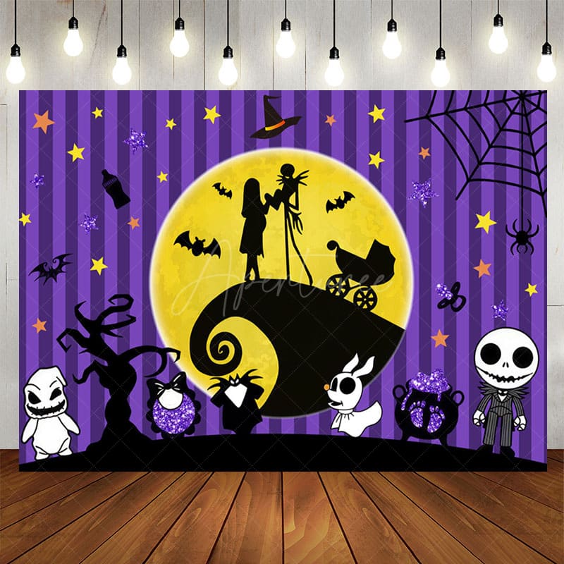 Aperturee - Aperturee Purple Stripe Moon Halloween Baby Shower Backdrop
