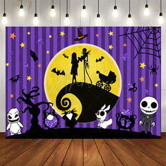 Aperturee - Aperturee Purple Stripe Moon Halloween Baby Shower Backdrop
