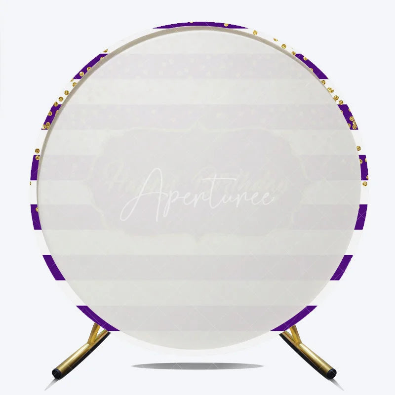 Aperturee - Aperturee Purple Stripes Happy Birthday Round Backdrop Gold Glitter Confetti Pattern Background Royal Princess Party Decor