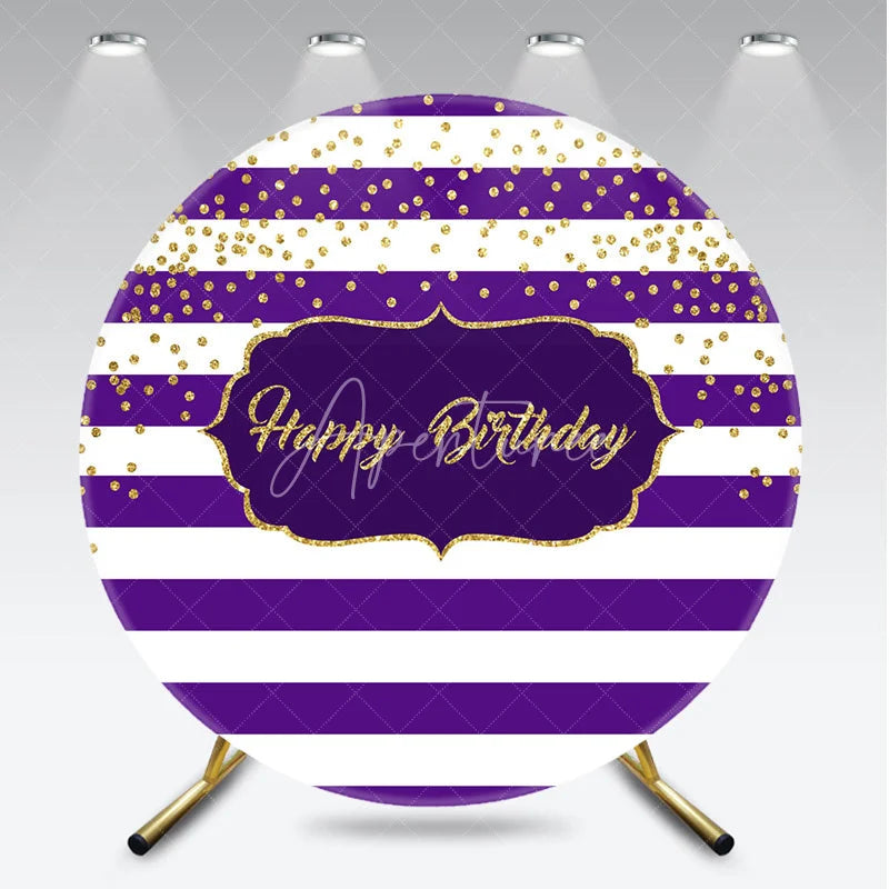 Aperturee - Aperturee Purple Stripes Happy Birthday Round Backdrop Gold Glitter Confetti Pattern Background Royal Princess Party Decor