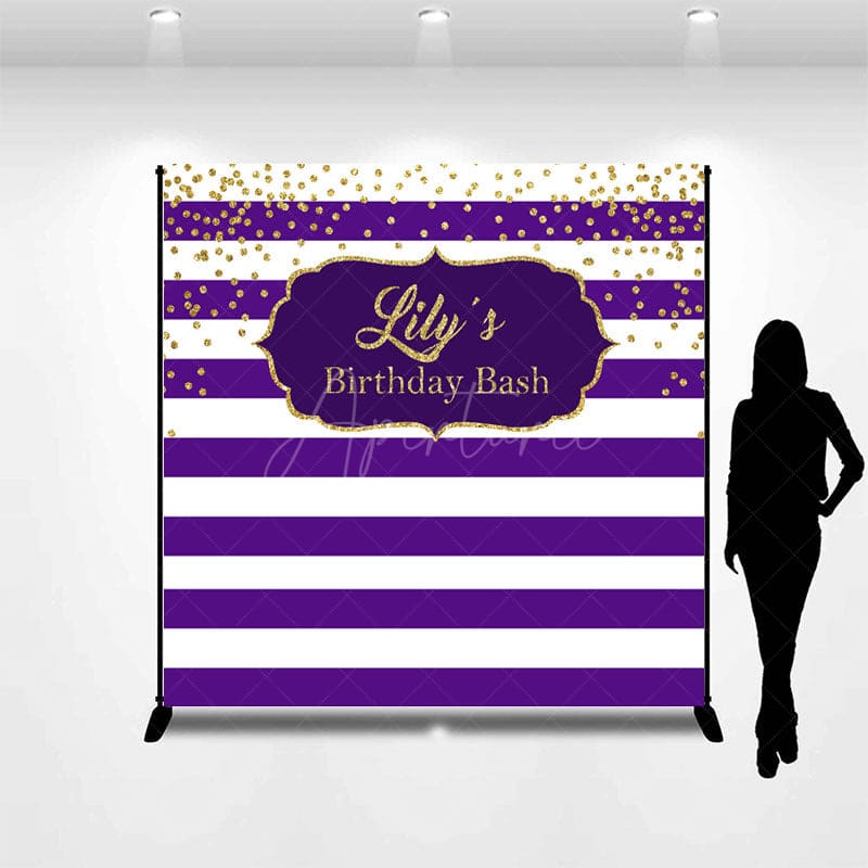 Aperturee - Aperturee Purple White Stripe Gold Custom Name Birthday Backdrop