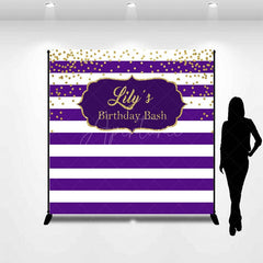 Aperturee - Aperturee Purple White Stripe Gold Custom Name Birthday Backdrop
