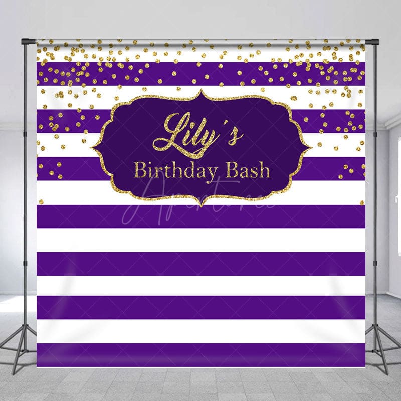 Aperturee - Aperturee Purple White Stripe Gold Custom Name Birthday Backdrop