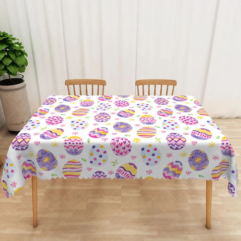 Aperturee - Aperturee Purple Yellow Patterned Egg Rectangle Tablecloth Colorful Easter Holiday Table Cover Spring Party Home Decor