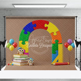 Aperturee - Aperturee Puzzle Arch Back To School Backdrop Colorful Jigsaw Pieces Cute Owls Books Background Kindergarten Photography