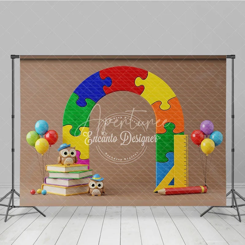 Aperturee - Aperturee Puzzle Arch Back To School Backdrop Colorful Jigsaw Pieces Cute Owls Books Background Kindergarten Photography